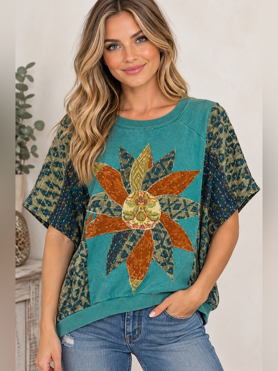 Upcycled Tops - Upcycled Kantha Boho Floral Pullover Sweatshirt - Turquoise/Orange-OSFM